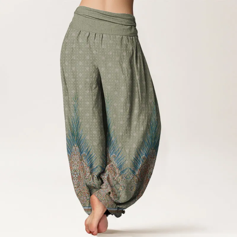 Buddha Stones Ethnic Peacock Floral Pattern Women's Elastic Waist Harem Pants