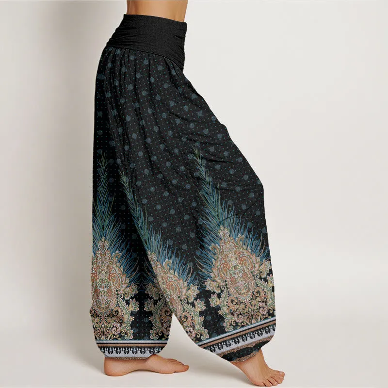 Buddha Stones Ethnic Peacock Floral Pattern Women's Elastic Waist Harem Pants