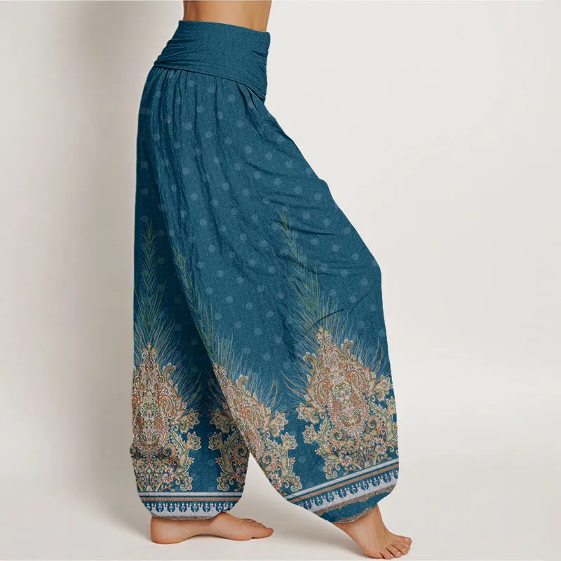 Buddha Stones Ethnic Peacock Floral Pattern Women's Elastic Waist Harem Pants