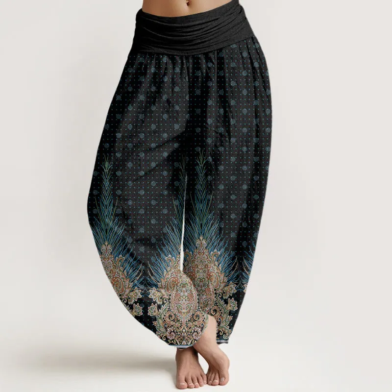 Buddha Stones Ethnic Peacock Floral Pattern Women's Elastic Waist Harem Pants