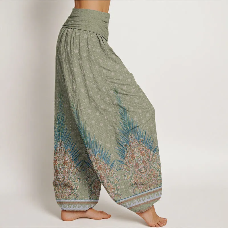 Buddha Stones Ethnic Peacock Floral Pattern Women's Elastic Waist Harem Pants