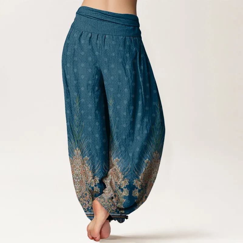 Buddha Stones Ethnic Peacock Floral Pattern Women's Elastic Waist Harem Pants