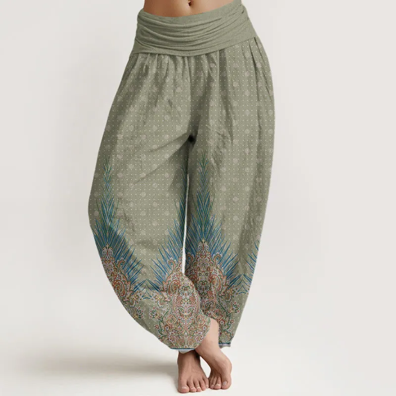 Buddha Stones Ethnic Peacock Floral Pattern Women's Elastic Waist Harem Pants