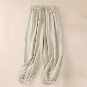 Buddha Stones Pure Color Drawstring Frog-Button Cotton Linen Women's Harem Pants With Pockets