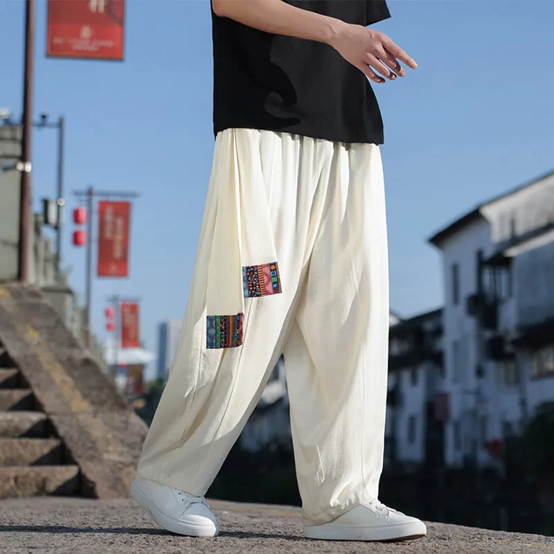 Buddha Stones Simple Patchwork Design Drawstring Cotton Men's Wide Leg Pants With Pockets