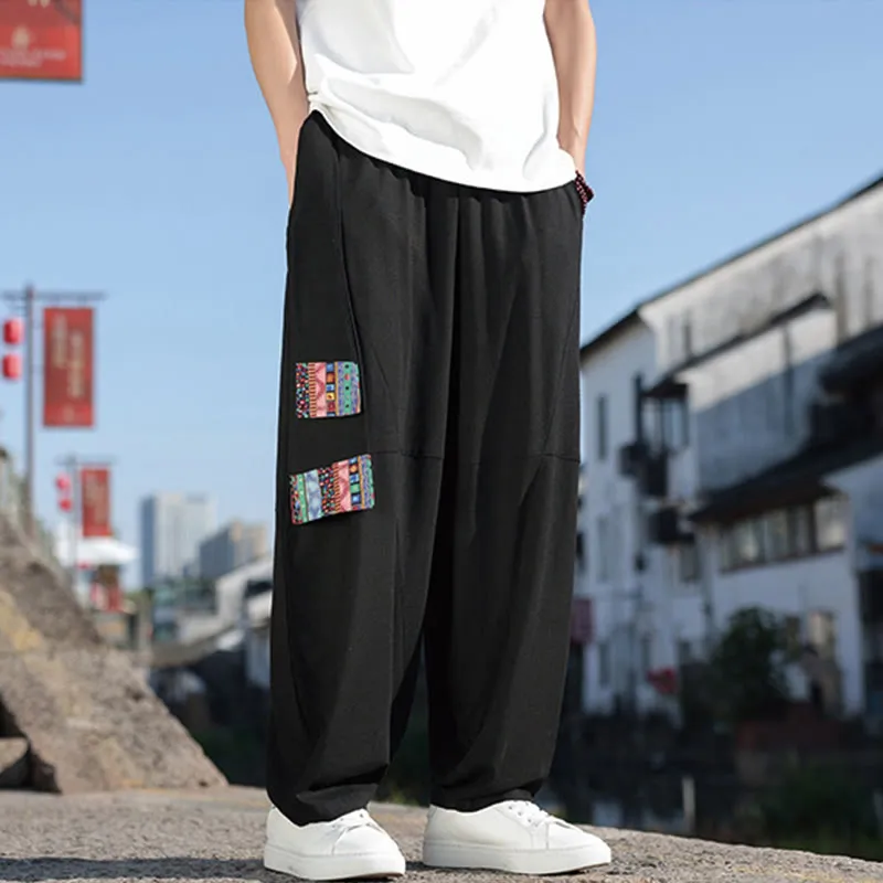 Buddha Stones Simple Patchwork Design Drawstring Cotton Men's Wide Leg Pants With Pockets