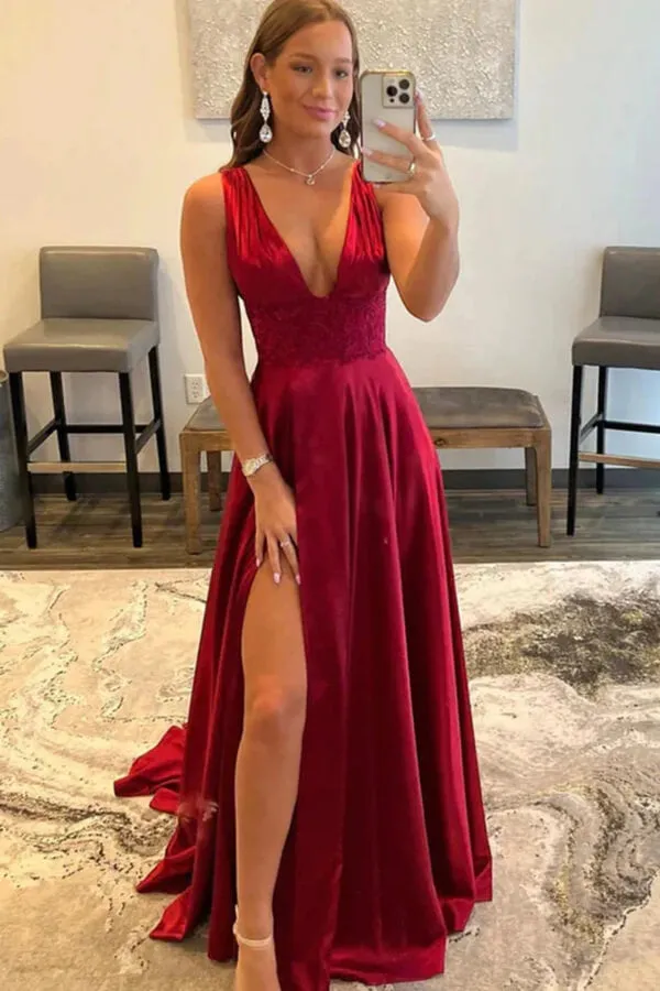 Burgundy Silk Satin A-line V-neck Prom Dresses with Slit, Party Dresses, MP805