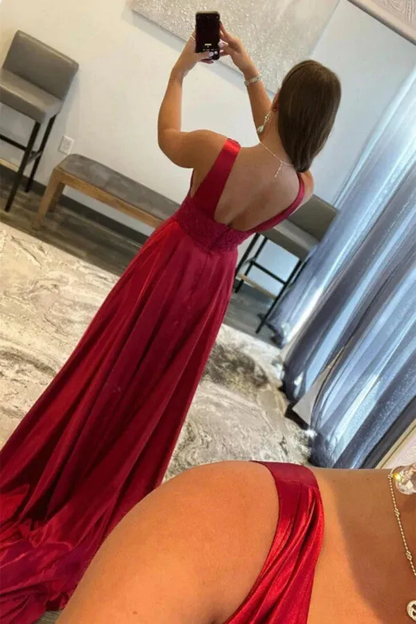 Burgundy Silk Satin A-line V-neck Prom Dresses with Slit, Party Dresses, MP805