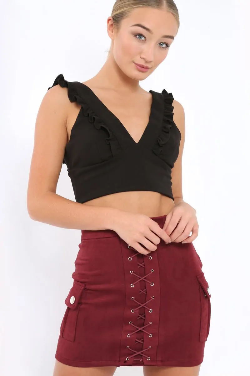 Burgundy Suedette Lace Up Skirt - Ressie