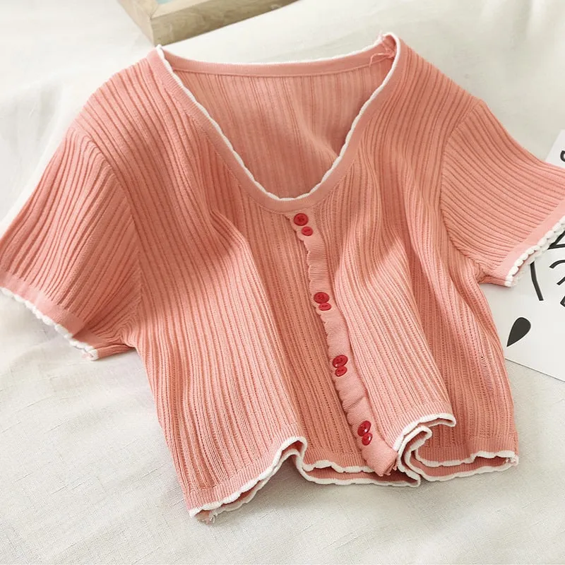 Button Up V-Neck Knitted Crop Tops