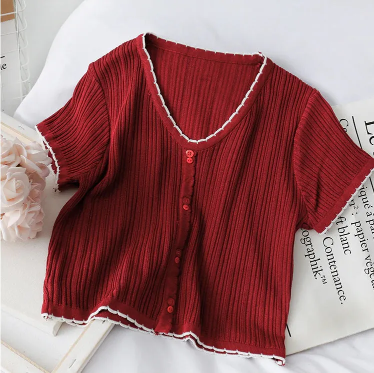 Button Up V-Neck Knitted Crop Tops