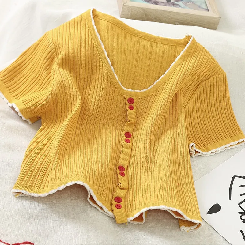 Button Up V-Neck Knitted Crop Tops