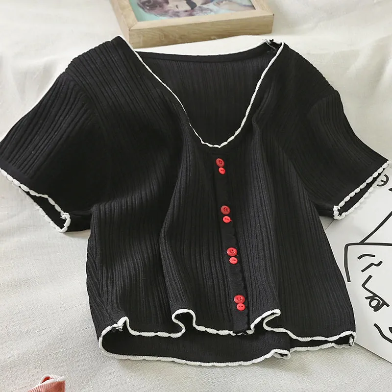 Button Up V-Neck Knitted Crop Tops