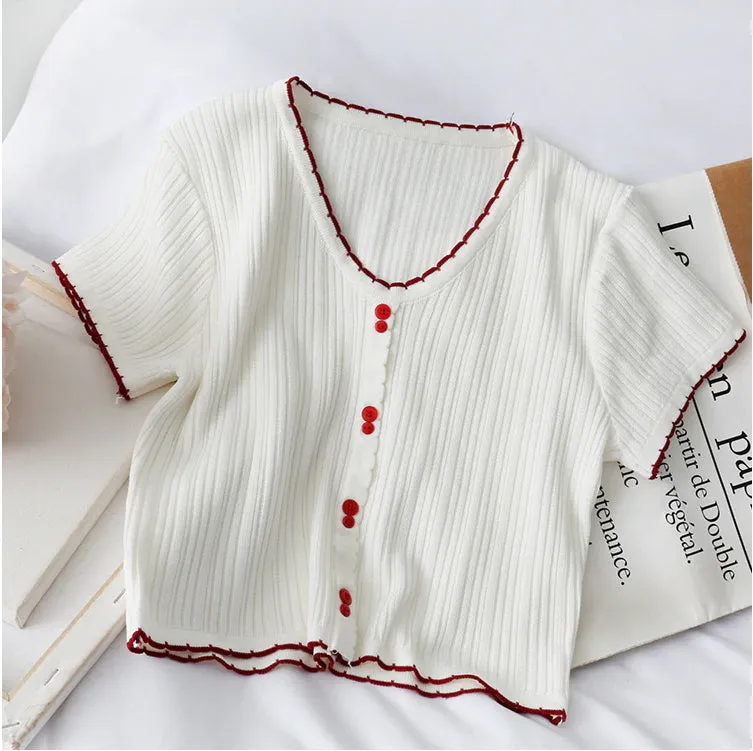 Button Up V-Neck Knitted Crop Tops