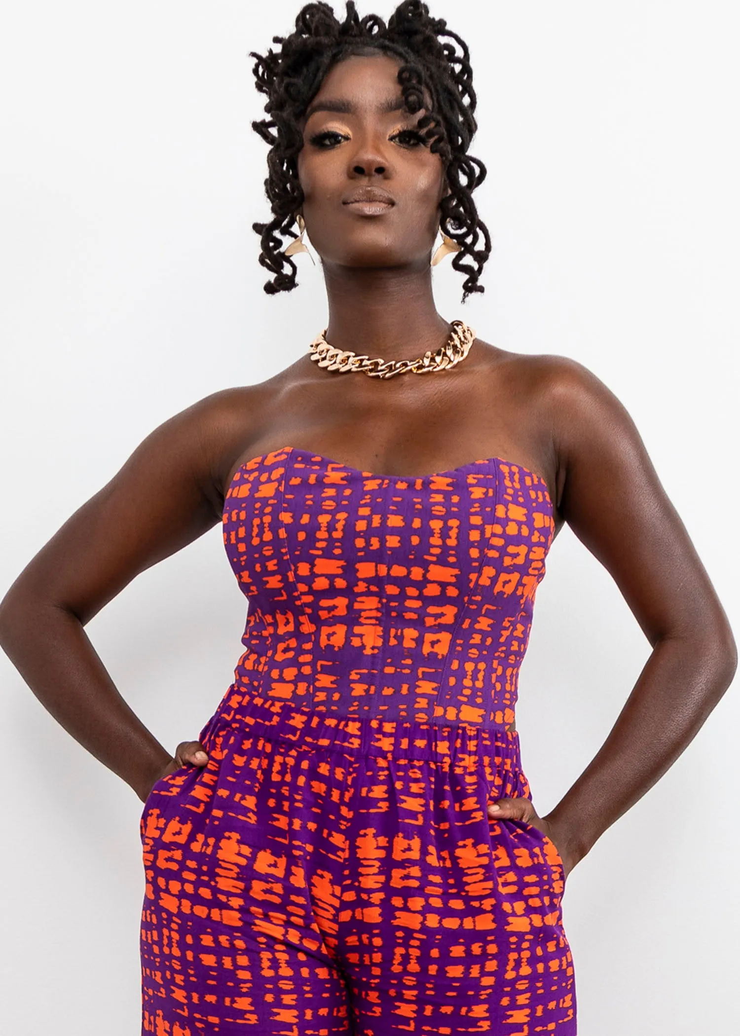 Caimile Women's African Print Stretch Corset Top (Purple Tangerine Adire) - Clearance