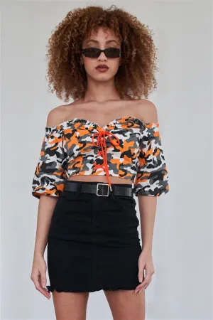 Camouflage Off The Shoulder Crop Top | Orange
