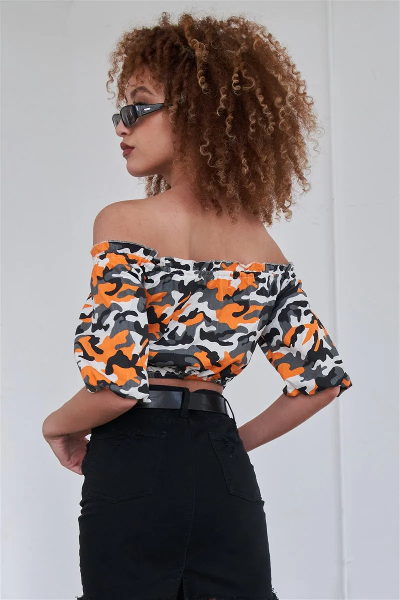 Camouflage Off The Shoulder Crop Top | Orange
