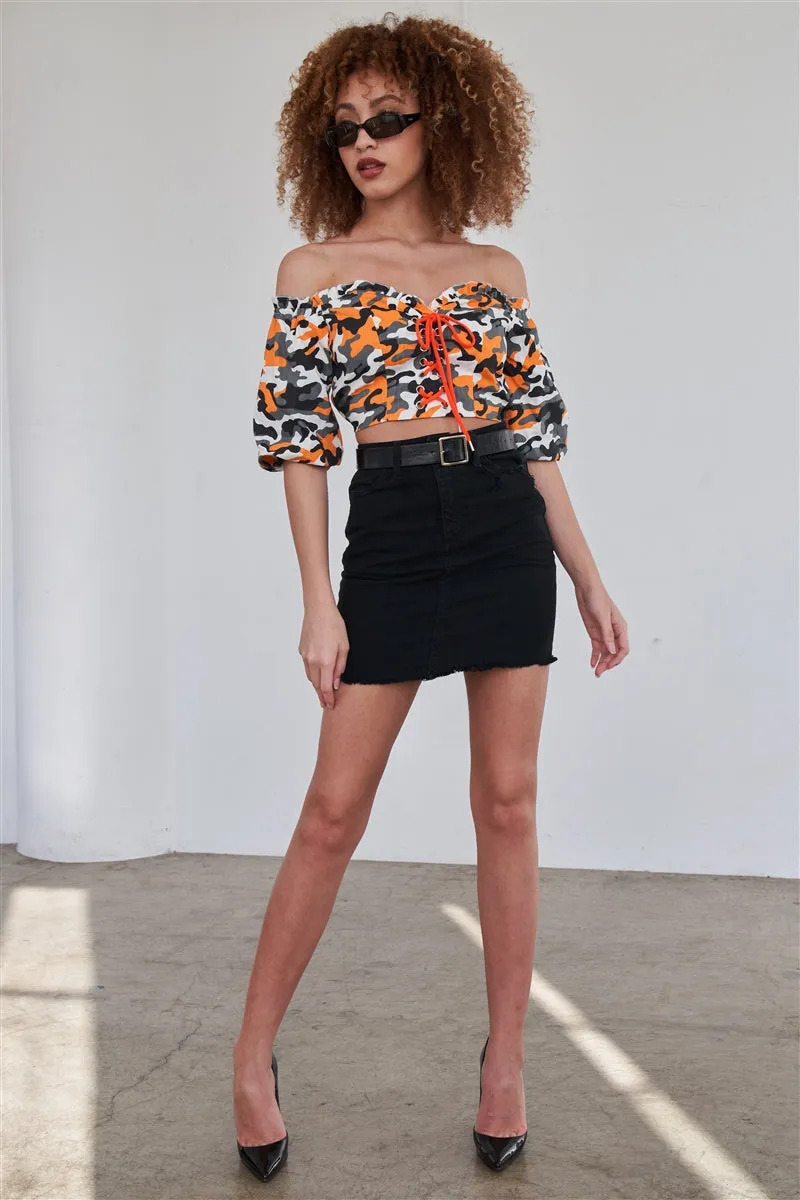 Camouflage Off The Shoulder Crop Top | Orange