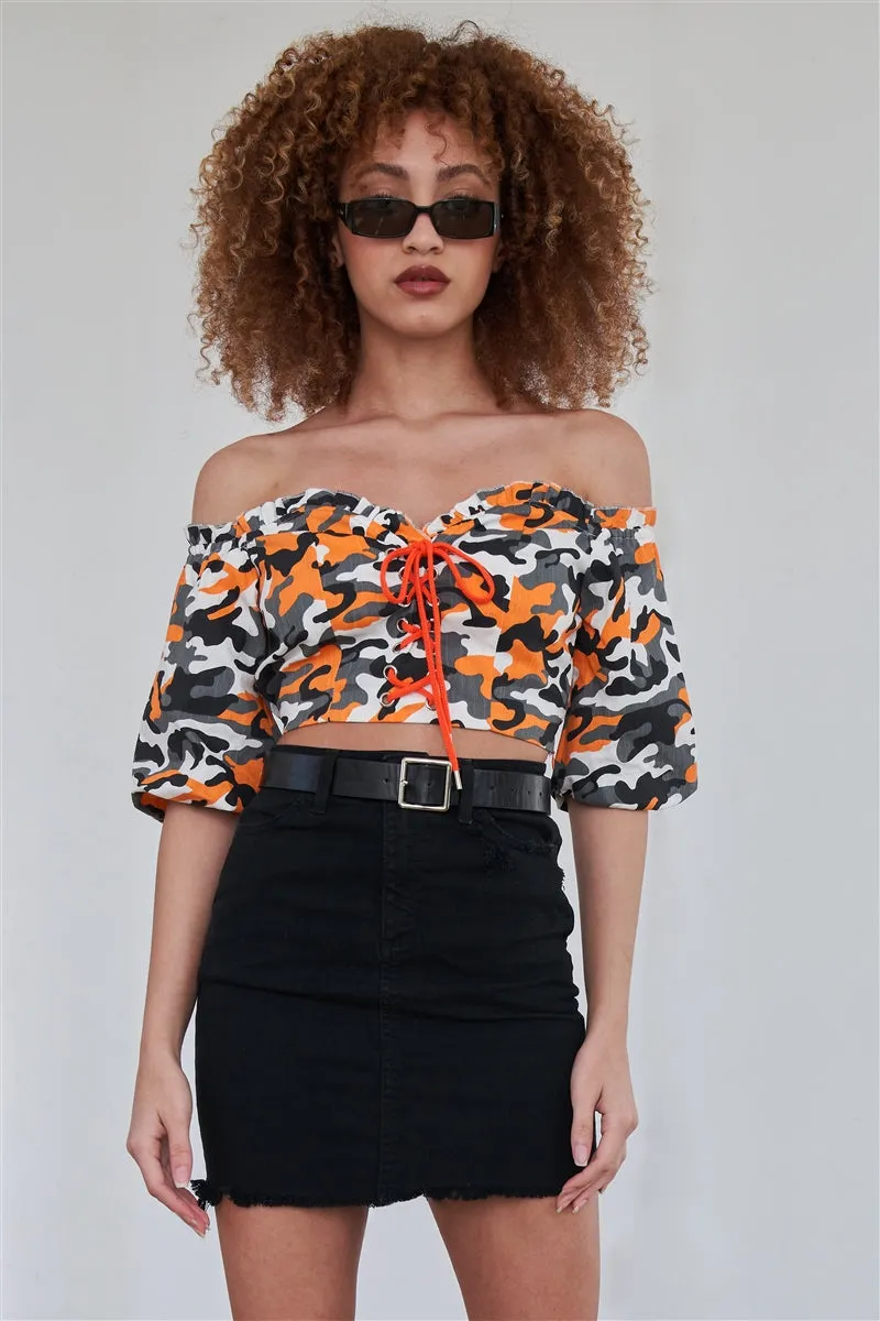 Camouflage Off The Shoulder Crop Top | Orange