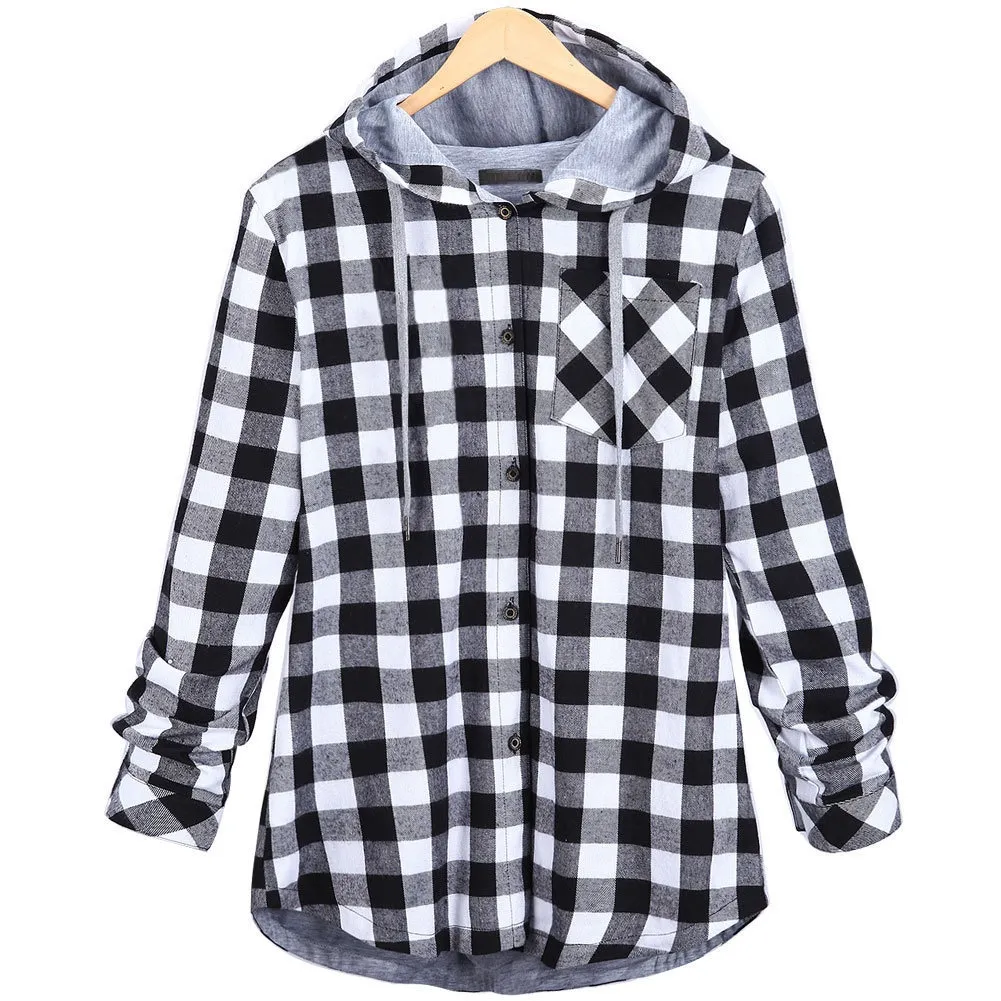 Casual Hooded Long Sleeve Drawstring Plaid Pattern Shirt Hoodie for Ladies 9540