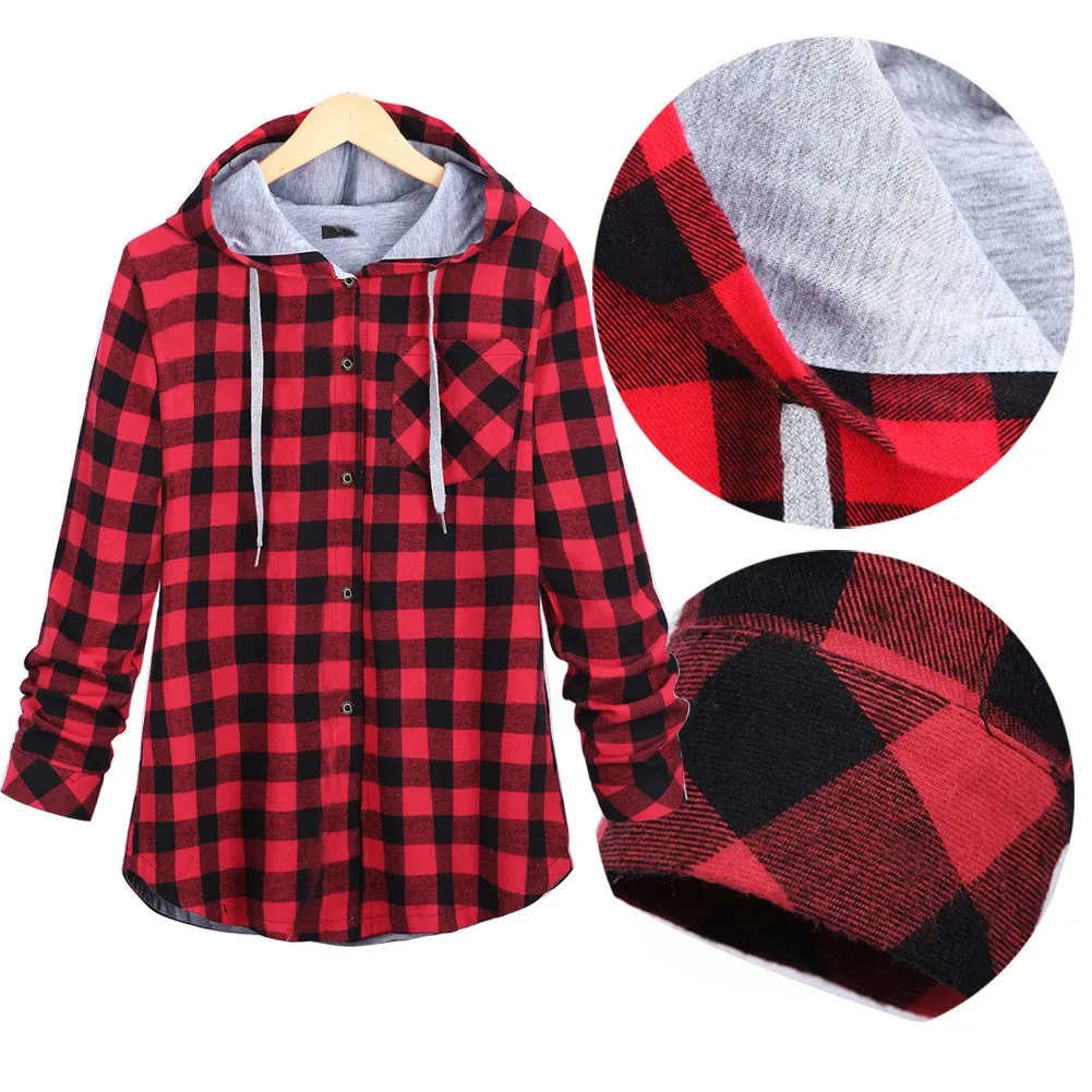 Casual Hooded Long Sleeve Drawstring Plaid Pattern Shirt Hoodie for Ladies 9540