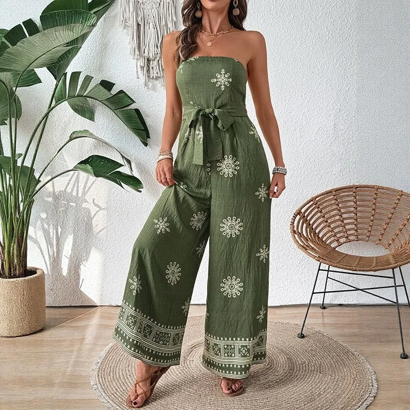 Casual Wide Leg Jumpsuit With Printed Strapless Top