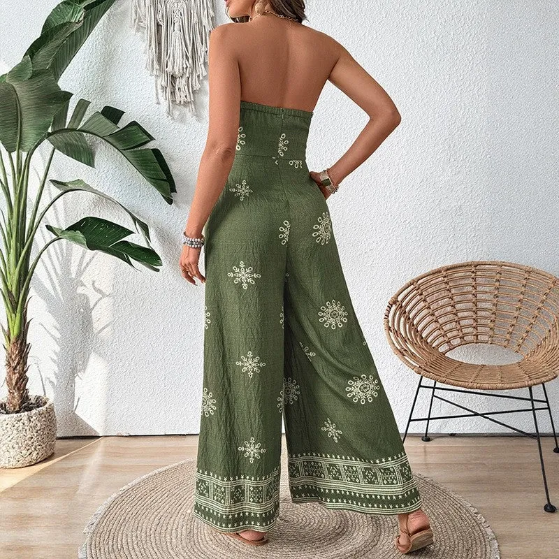 Casual Wide Leg Jumpsuit With Printed Strapless Top