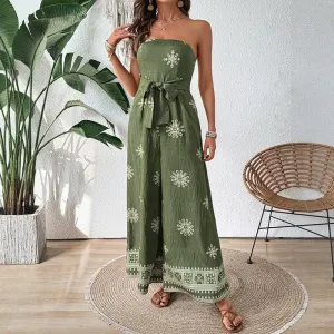 Casual Wide Leg Jumpsuit With Printed Strapless Top