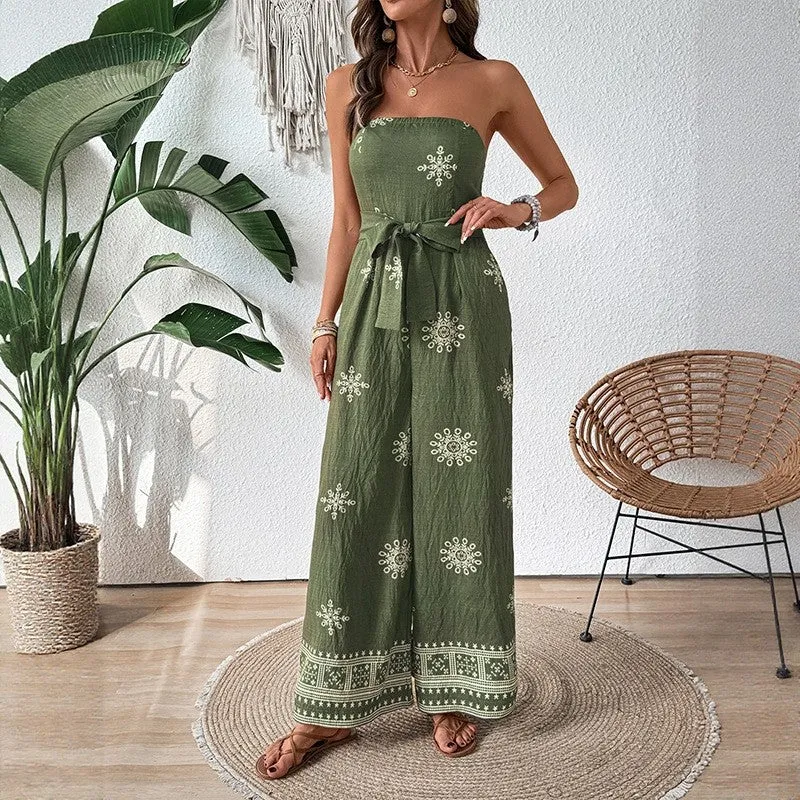 Casual Wide Leg Jumpsuit With Printed Strapless Top