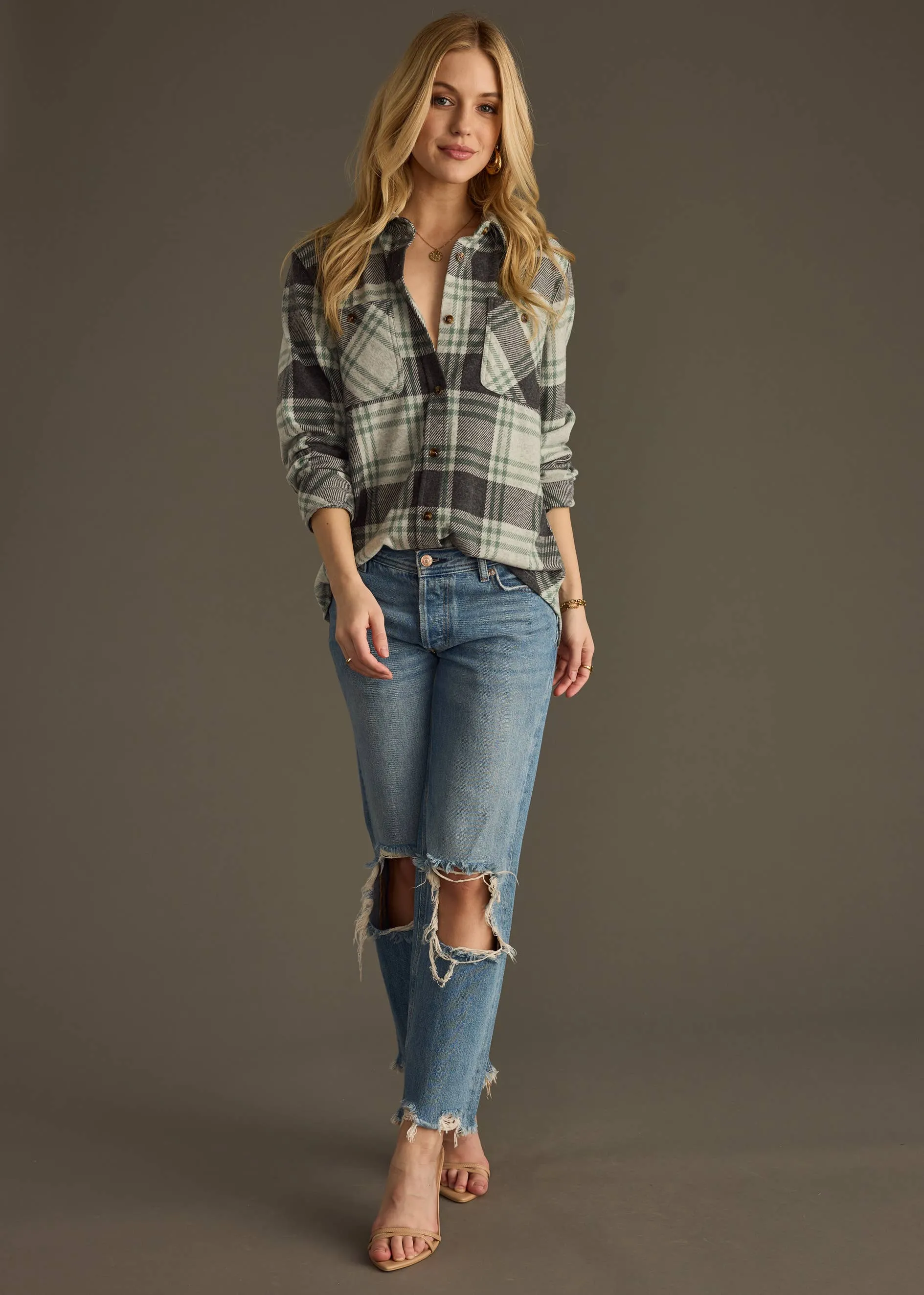 Charcoal & Green Plaid Button Up