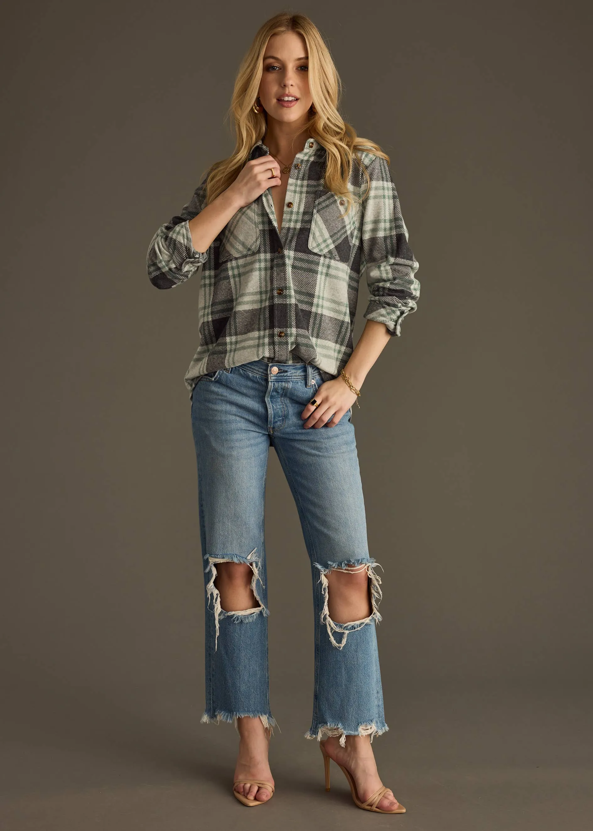 Charcoal & Green Plaid Button Up