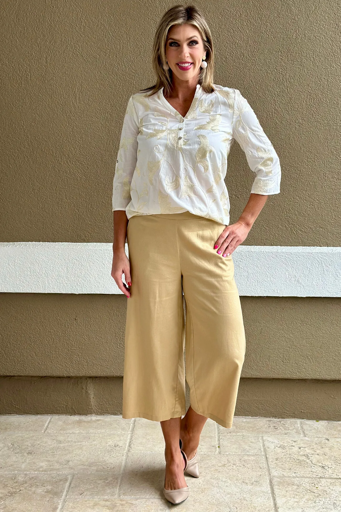 Charlie B Gold Pull On Foil Linen Stretch Pants