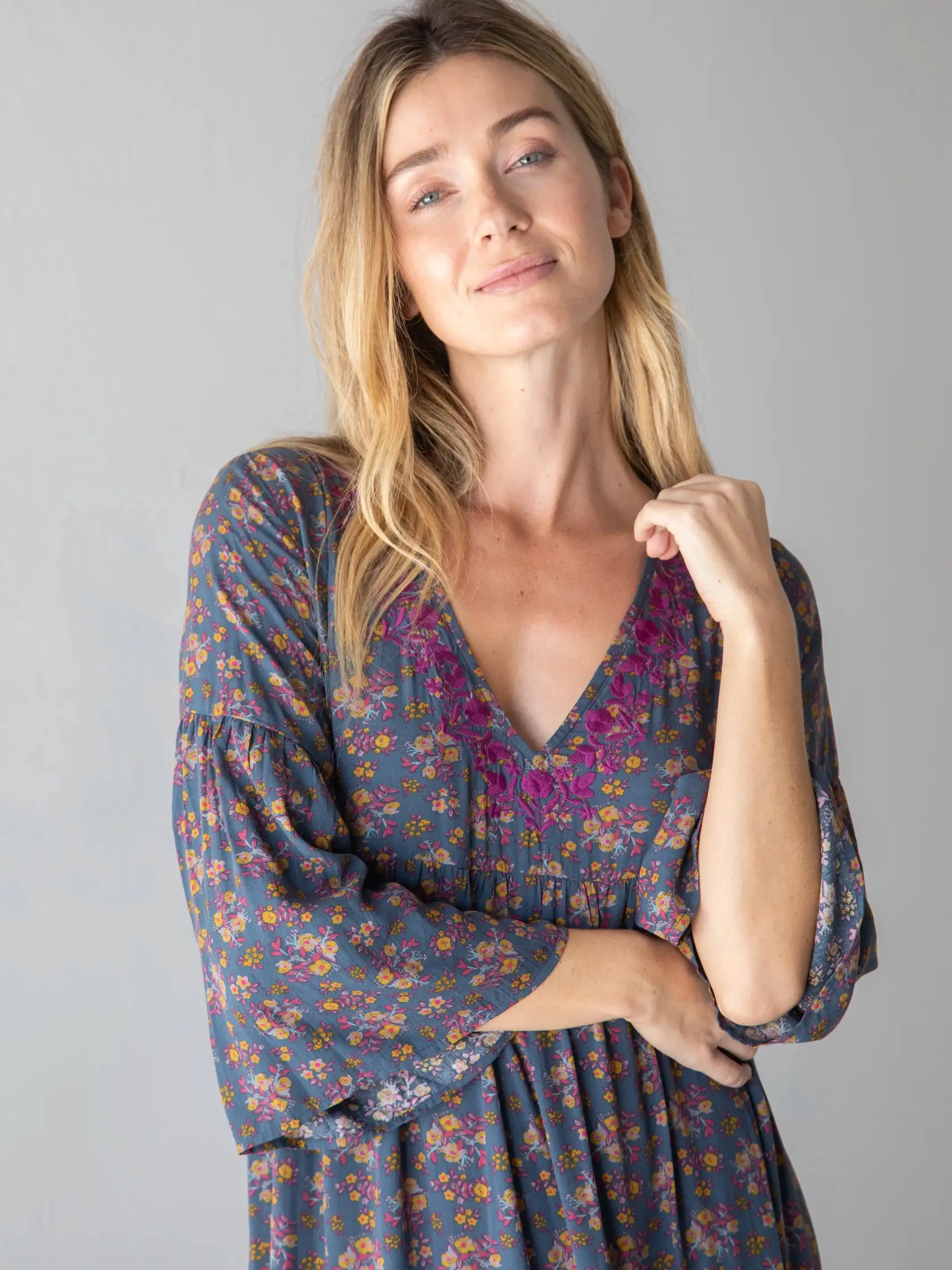 Charlotte Embroidered Midi Dress - Slate Floral Blooms
