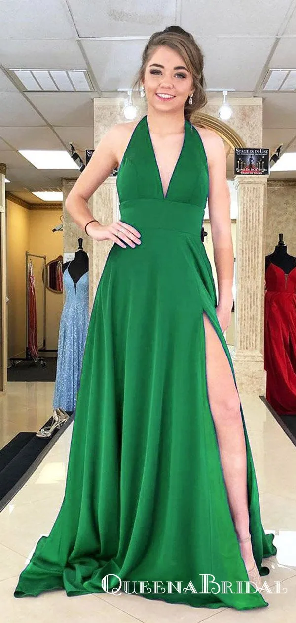 Charming A-Line Halter Long Cheap Prom Dresses with Slit, QB0639