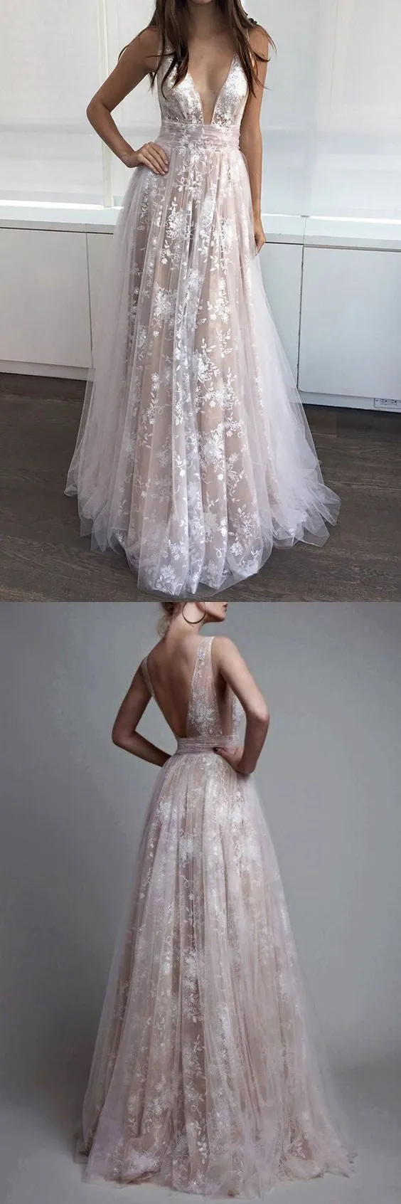Charming Deep V Neck Sexy Applique Tulle Lace Long Prom Dresses, BG51532