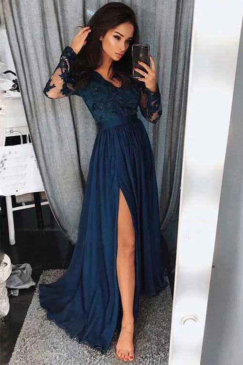 Charming Long Sleeves V Neck Lace Top A Line Split Long Prom Dress OK974