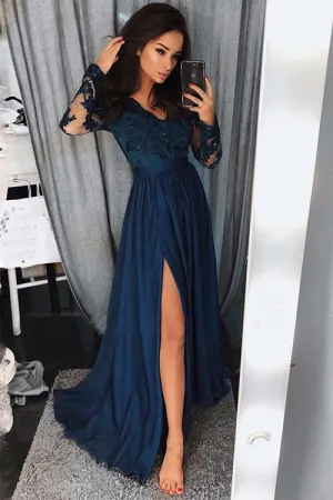 Charming Long Sleeves V Neck Lace Top A Line Split Long Prom Dress OK974