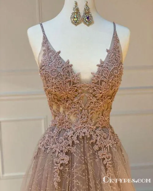 Charming Modest Tulle V-neck Sleeveless A-Line Long Lace Formal Evening Gowns Prom Dresses, PDS0040