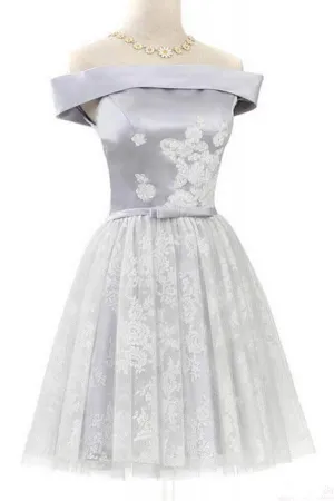 Cheap Off Shoulder Homecoming Dress with Belt, Short Prom Dress with Lace, MH188