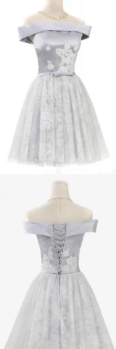 Cheap Off Shoulder Homecoming Dress with Belt, Short Prom Dress with Lace, MH188