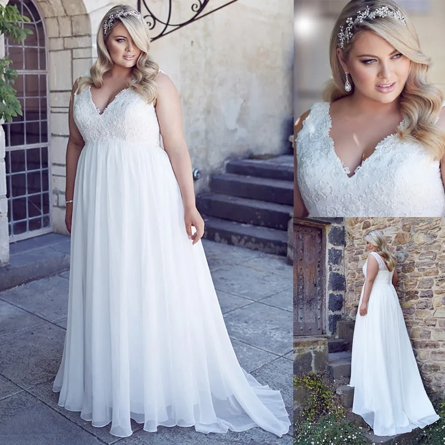 Chiffon Applique Lace Plus Size Beach Bridal Dress Corset Back Gown With Court Train