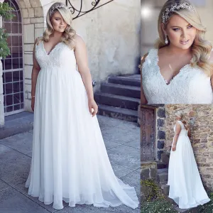 Chiffon Applique Lace Plus Size Beach Bridal Dress Corset Back Gown With Court Train