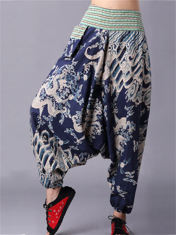 Chinese Dragon Printed Cotton Linen Harem Pants for Women