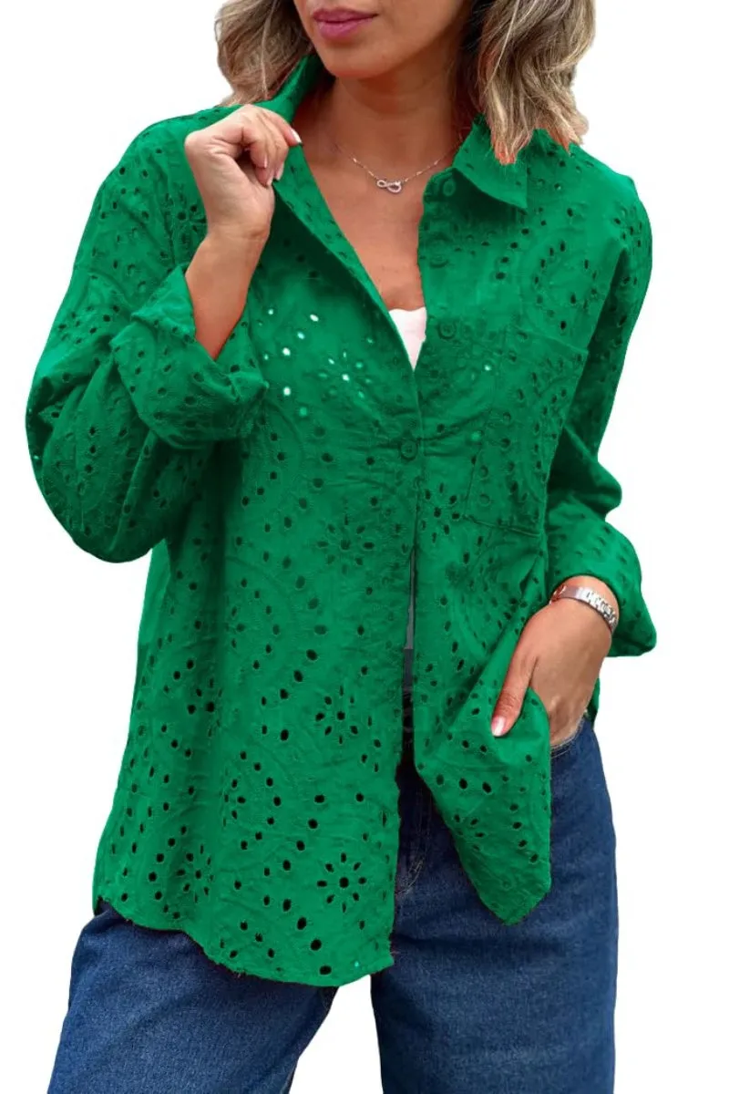 Chouyatou Women's Crochet Eyelet Button Down Rolled Up Long Sleeve Boho Shirt Blouse Tops