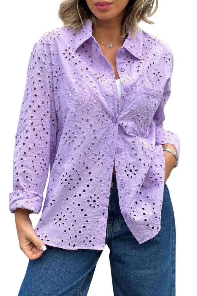 Chouyatou Women's Crochet Eyelet Button Down Rolled Up Long Sleeve Boho Shirt Blouse Tops