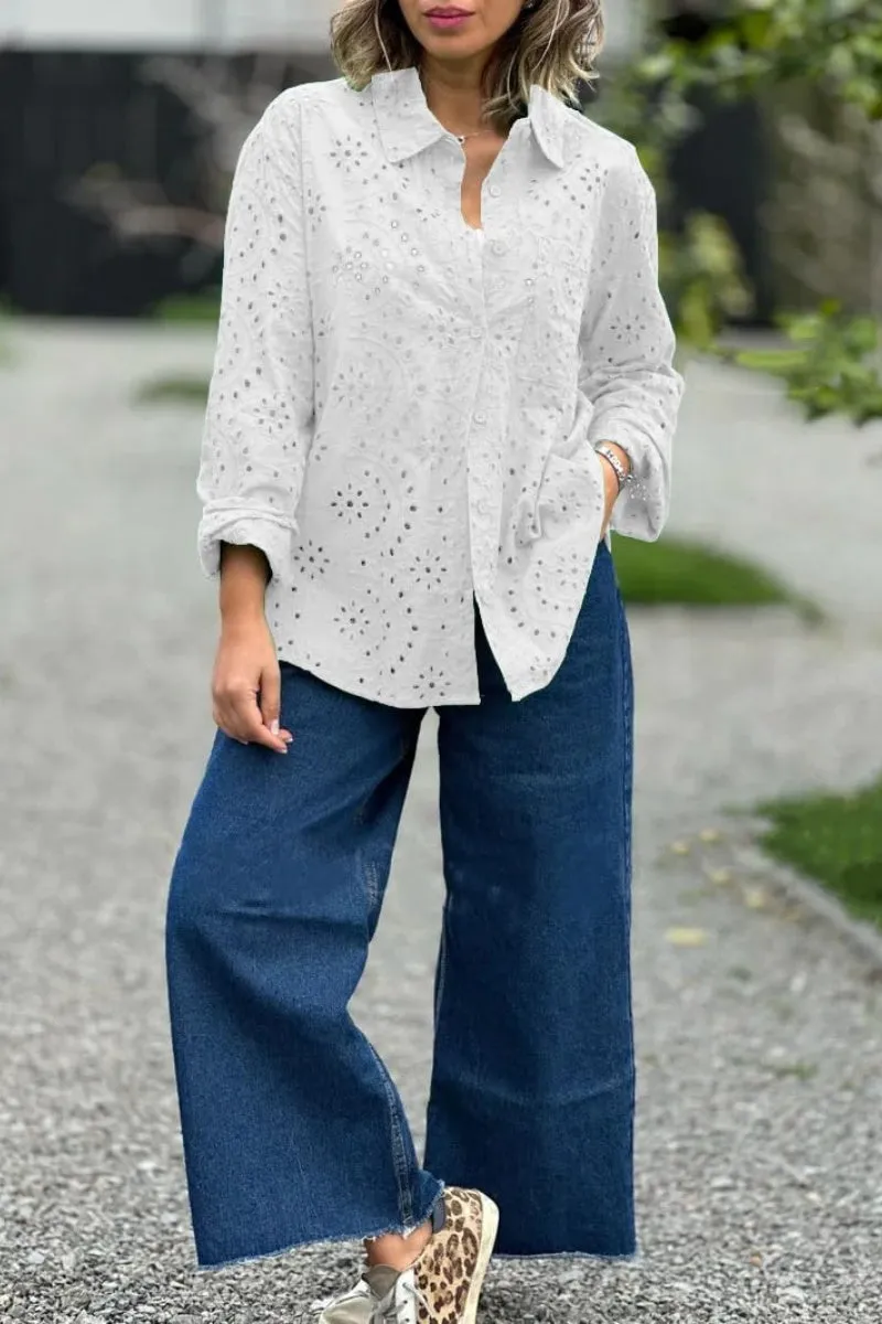 Chouyatou Women's Crochet Eyelet Button Down Rolled Up Long Sleeve Boho Shirt Blouse Tops