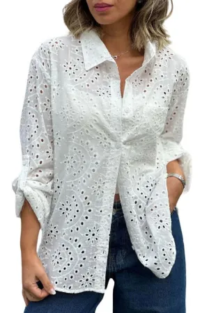 Chouyatou Women's Crochet Eyelet Button Down Rolled Up Long Sleeve Boho Shirt Blouse Tops