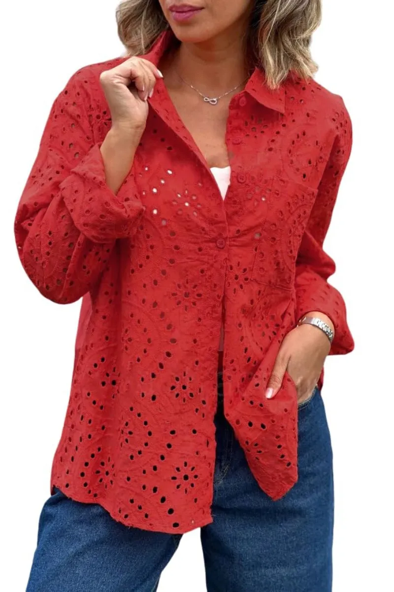 Chouyatou Women's Crochet Eyelet Button Down Rolled Up Long Sleeve Boho Shirt Blouse Tops