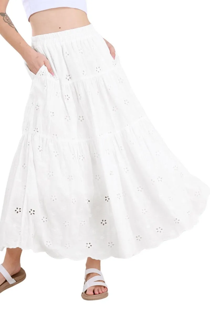 Chouyatou Women's Lace Embroidery Eyelet Boho Skirt High Elastic Waisted Flowy Swing Midi Long Skirt