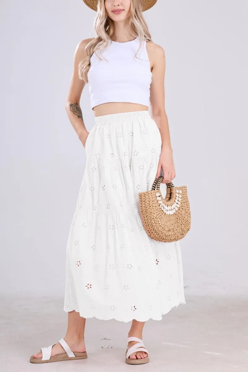 Chouyatou Women's Lace Embroidery Eyelet Boho Skirt High Elastic Waisted Flowy Swing Midi Long Skirt